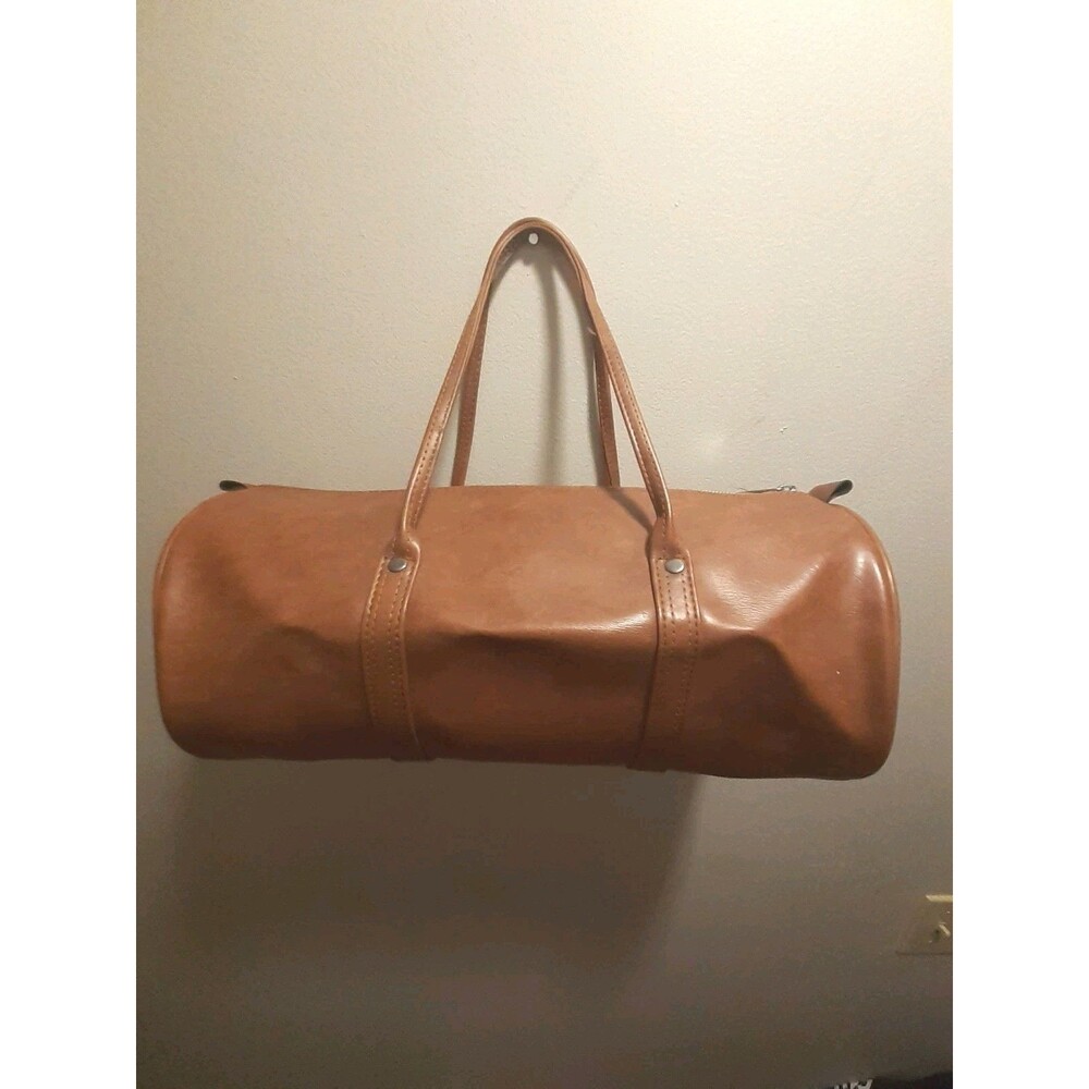 Vintage Cognac Faux Leather Barrel Duffel Bag Round Overnight Weekender Travel